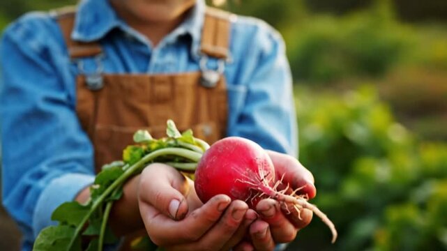 Freshly Harvested Red Radish Held by Farmer's Dirty Hands