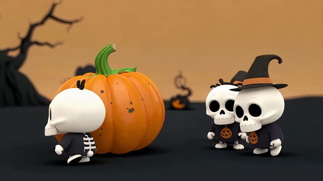 Halloween Skeleton Friends Gather Around a Big Pumpkin.