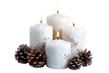 Realistic Lit Christmas Candles with Decorative Pine Cones and Golden Glitter, isolated on a transparent background.