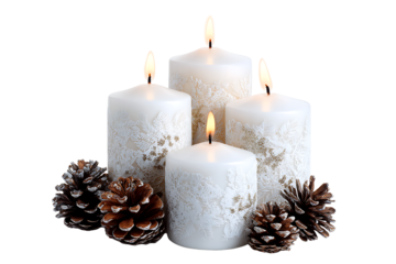 Realistic Lit Christmas Candles with Decorative Pine Cones and Golden Glitter, isolated on a transparent background.