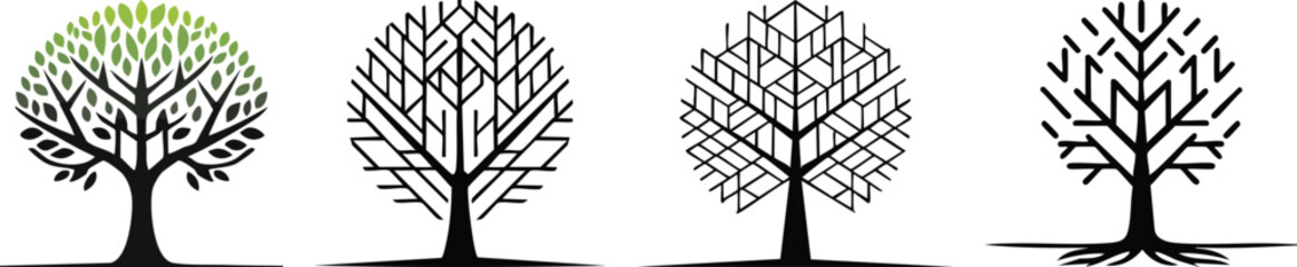 Tree silhouette illustration with geometric branches bold black outline symbolizing nature growth and protection