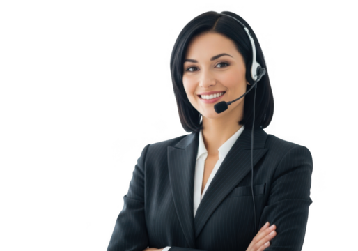 Smiling woman with headset isolated on transparent background - Powered by Adobe