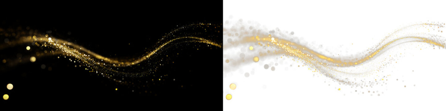 Golden curved light ribbon png with shine. Smooth gold twirl with glowing effect. Elegant festive line element. Glowing golden swirl png for decoration.