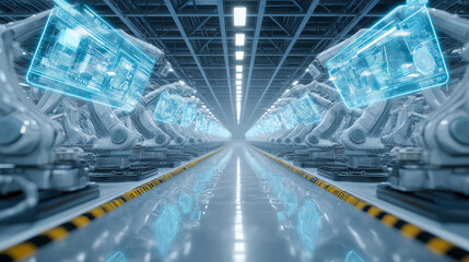 Futuristic Automated Factory with Holographic Robotic Arms Displaying Digital Interfaces