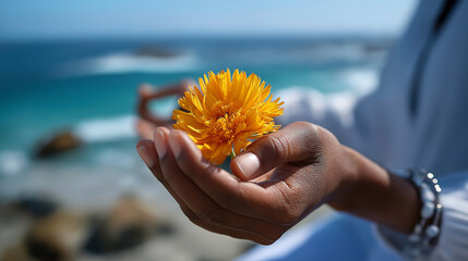 Beach flower zen meditation with faceless hands, defocused coastal spirituality detail, shoreline mindfulness moment, oceanic contemplation gesture, seaside meditation visualizatio