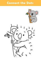 Dot to Dot Worksheet for Kids. Connect the dots to draw a cute koala. Illustration of koala. Coloring page.	