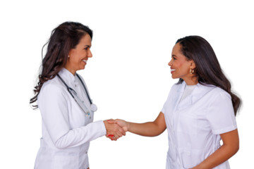 Two smiling women doctors shaking hands, symbolizing medical collaboration, agreement, and partnership in healthcare careers
