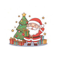 A cheerful cartoon Santa Claus stands next to a decorated Christmas tree, holding a gift and surrounded by presents.