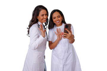 Female doctors having a video call, waving to smartphone, telehealth and online medical consultation, transparent background