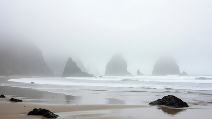 Misty morning on a serene beach with towering sea stacks emerging from the dense fog and gentle waves washing ashore.