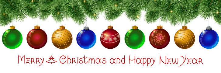 Christmas banner with colorful Christmas balls on green fir branches.