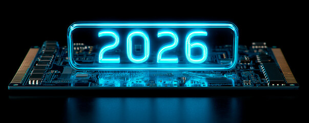 Loading bar with 2026 glowing neon style on a futuristic circuit board symbolizing technology and progress