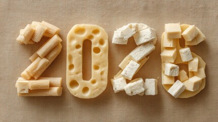 creative food flat lay, number 2026 made of assorted light cheeses on neutral beige fabric background. gourmet cheese assortment, festive menu, holiday catering, seasonal marketing, advertising.