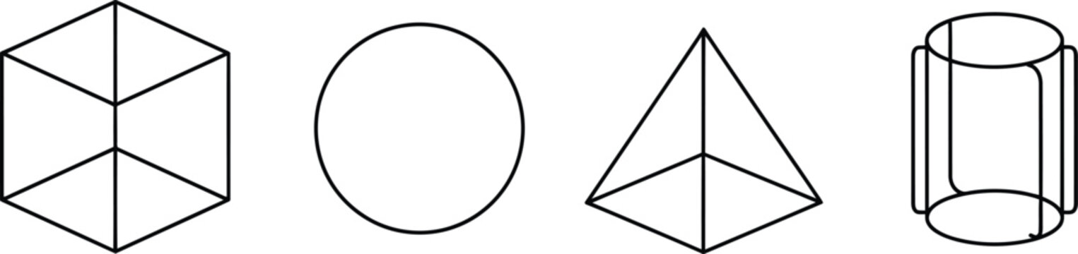 Set of 4 geometric shapes outline cube sphere pyramid and cylinder