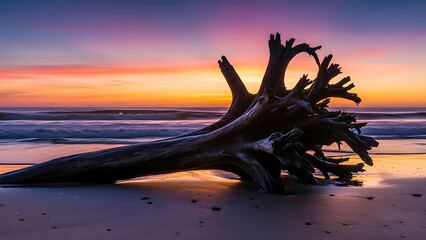 Large piece of weathered driftwood rests on a sandy beach at sunset with vibrant sky colors.
