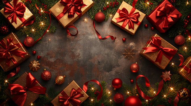 christmas card with gifts and ribbons, cherry at corners like a border of card and in center realstic wooden design with multicolor texture and golden and red christmas ornaments PNG