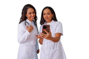 Healthcare professionals having a video call, discussing medical information using a smartphone, transparent background