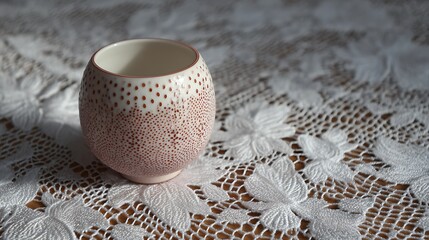 A beige ceramic cup with intricate dot pattern sits on a white lace doily tablecloth with floral design
