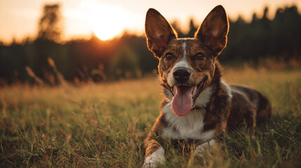 dog playing on grassy field during golden hour, wholesome lifestyle