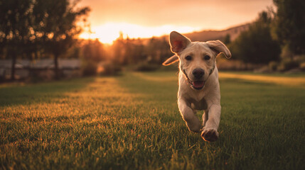 dog playing on grassy field during golden hour, wholesome lifestyle