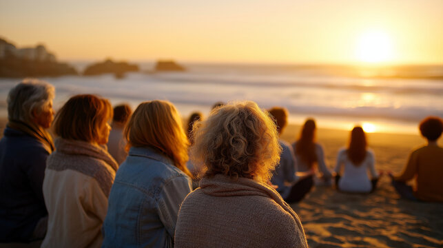 Faceless group of people making yoga or meditating on beach, defocused coastal contemplation, oceanfront spirituality gathering, seaside mindfulness collective, shoreline meditatio