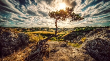 Ecological study of a pine tree��s adaptation on a cliff, showcasing root systems and wind sculpting in a dramatic geological setting