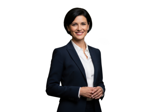 Smiling businesswoman in a dark suit isolated on transparent background - Powered by Adobe