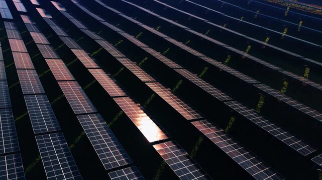 Surface of solar panels is lit by the setting sun. Photovoltaic cells absorb the sunlight in the fields. Aerial view.