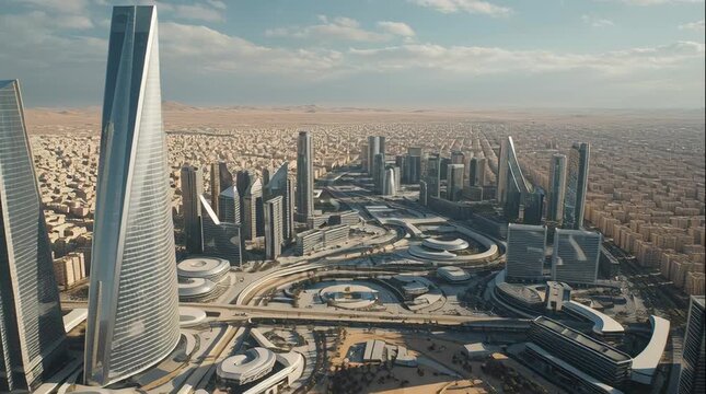 Exploring a futuristic cityscape with towering skyscrapers and expansive urban layout
