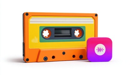 Fototapeta premium Colorful Cassette Tape Next to Sound Icon with Vibrant Design and Retro Appeal for Music Lovers
