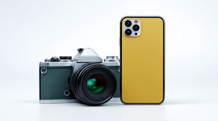 A Vintage Single Lens Reflex Camera Next to a Modern Smartphone in a Clean Studio Setup