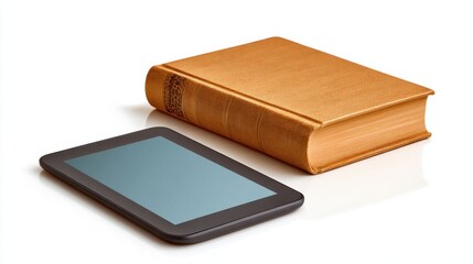 A traditional book lies next to a modern tablet device on a sleek surface showcasing the blend of old and new reading experiences