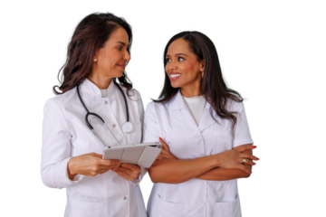 Two female doctors discussing medical data on a digital tablet, collaborating on healthcare solutions, transparent background