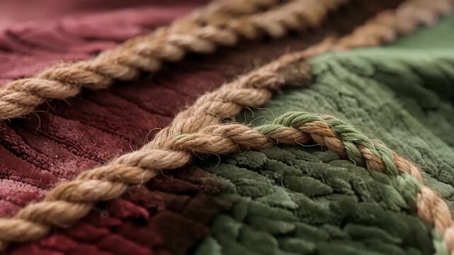 Close Up View of Braided Rope on Multicolor Fabric Texture.