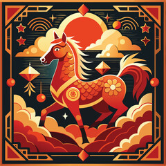 2026 Chinese New Year of the Horse Vector Illustration Set with Traditional Patterns