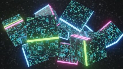 Glowing geometric cubes with circuit designs and colorful edges float against a starry background - Powered by Adobe