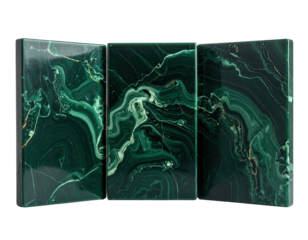 Three rectangular polished green stone slabs arranged side-by-side with swirling patterns, dark background