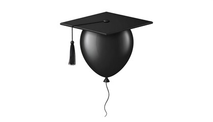 A black balloon, shaped like a teardrop, adorned with a miniature graduation cap and tassel. It floats against a white background