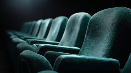Comfortable green seats are lined up in perfect rows, waiting for eager audience members. The dim lighting invites anticipation for an exciting performance in this tranquil theater space