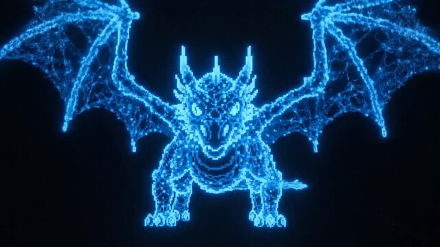 A glowing blue pixelated dragon in front of a dark background, created with digital technology