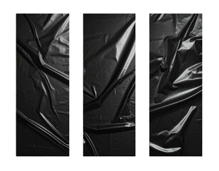 Triptych of black, shiny, wrinkled, and reflective material, set against a dark background