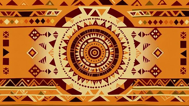 Vibrant geometric mandala pattern in warm orange tones.