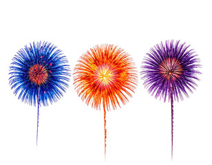 Three vibrant spherical explosions in blue, orange, and purple hues with a black background