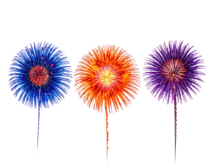 Three vibrant spherical explosions in blue, orange, and purple hues with a black background