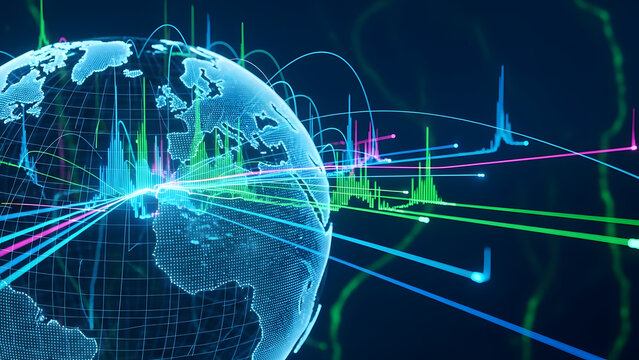 Global network of data streams creating a futuristic digital world. Representing the interconnectedness and flow of information across the planet - Powered by Adobe