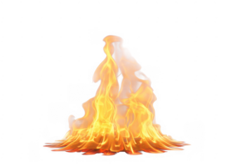 Orange and yellow flames rising upwards fire burning isolated on a transparent background