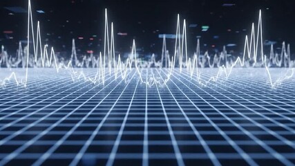 Digital visualization of fluctuating data represented by white lines above a blue, gridded surface - Powered by Adobe