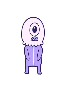 stretching up animation of cartoon of a cyclops alien spaceman