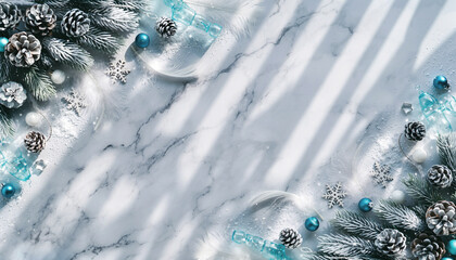 Elegant Winter Holiday Flat Lay with Frosted Pine and Ornaments