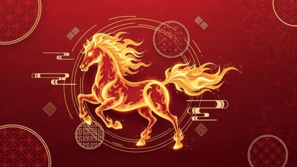 Vibrant fiery horse symbolizing strength and dynamism amid mystical elements